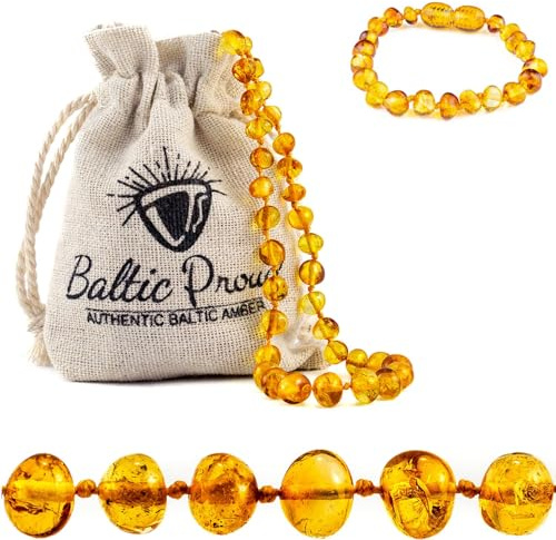 Baltic Amber Necklace and Bracelet Gift Set (Unisex Honey 12.5 Inches/5.5 Inches) - Certified Premium Quality Raw Baltic Sea Amber