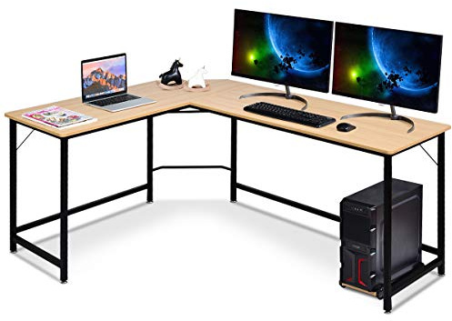 COSTWAY Scrivania Angolare Salvaspazio, Scrivania Porta PC a Forma di L con Porta CPU, Scrivania ad Angolo in Legno e Ferro per Studio e Ufficio, Portata 100 kg, 168 x 125 x 74 cm (Naturale)