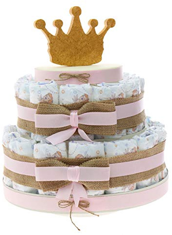Idea Originale Regalo Torta Pannolini Bambina Neonata per Prima Infanzia, Nascita, Baby Shower Originale ed Economico Principe con Corona (Torta 30 Pezzi)