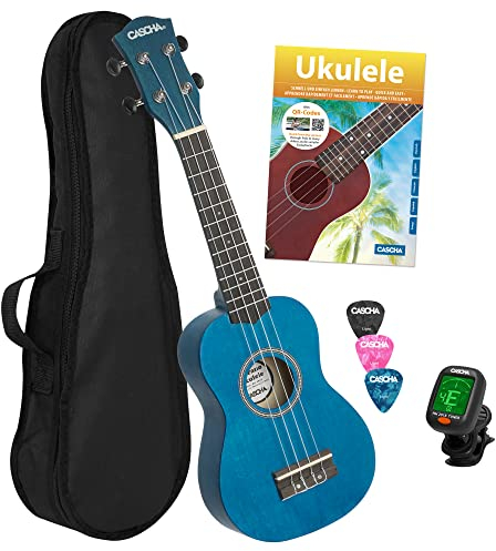 CASCHA Sopran Ukulele Set für Kinder und Erwachsene I Ukulele Starter Kit mit 3 Plektren Tasche Lehrbuch Lernvideos über QR-Code Stimmgerät I Set Aquila Saiten Nylon I Kleine Hawaii Gitarre I Blau