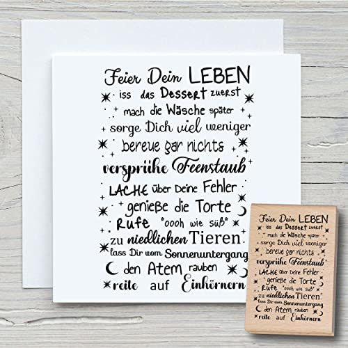 NEWSTAMPS Stempel Feier dein Leben Motivstempel groß aus Holz & Gummi zum Karten und Geschenke basteln, Holzstempel für Sprüche, Spruchstempel, Textstempel, Schrift, Scrapbook, Textilstempel, Deko