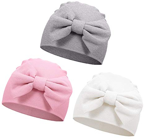 VUCDXOP Neugeborenes Baumwolle Mütze Babymütze Niedlichen Bogen Baumwolle Beanie Hut Unisex Kleinkind Turban Hut für Baby 0-3 Monate, 3er-Pack