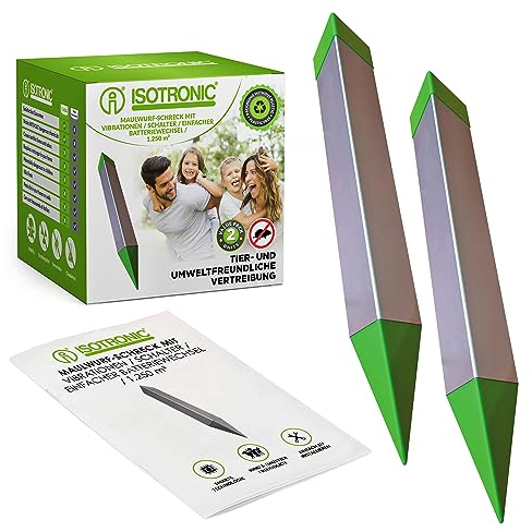 ISOTRONIC Ahuyentador de topos con pilas, contra topos, ratones, hormigas, serpientes, UVM. | ahuyentador de topos con vibraciones de cuarzo y vibraciones, alcance de 1250 m² (2)