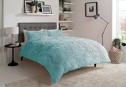 NIGHTZONE Teddy Bear Fleece Long Fur Cuddles Alaska Luxury Duvet Cover Set Warm Cosy Soft Teddy Bedding Set (Duck Egg, Double)