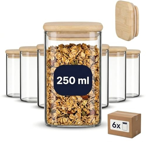 gouveo 6er Set Vorratsgläser eckig 250 ml (0,25 l) aus Borosilikatglas mit Holzdeckel, Aufbewahrungsgläser für Gewürze Kräuter Salz Nüsse Backzutaten Küche Haushalt (BGE250B)