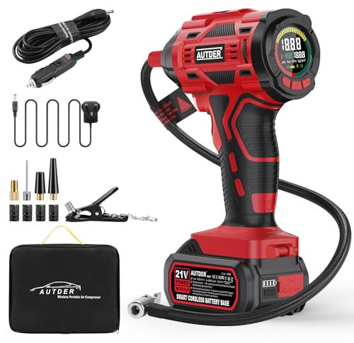 AUTDER Cordless Tyre Inflator Air Compressor, Featuring a 21V Rechargeable Battery and 12V DC, Delivers up to 180PSI Max Pressure. Perfect for Cars, Motorcycles, Bicycles, and Balls, Red Black