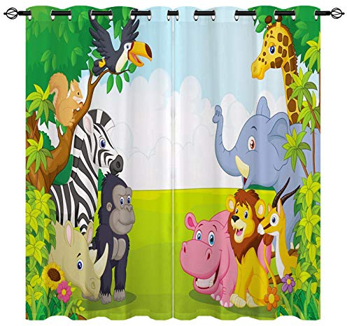 YUANZU Kinder Vorhänge Dschungeltiere 3D-Muster Ösen Gardinen mit Blickdichte Thermo Vorhang Kälteschutz Blackout Curtain Kinderzimmer Schlafzimmer Verdunkelung Fenster, 2 Stück, H 160 x B 132 cm