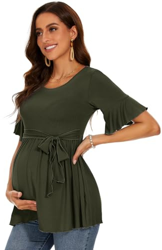 WOOXIO Women's Ruffle Maternity Tops Short Sleeve Wrap Tie Front Shirts Pregnancy Clothes Army Green,M