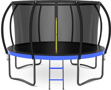 Zevemomo 12FT Trampoline Outdoor, 12 FT Backyard Trampoline for Kids & Adults, Kids Safety Net, Ladder, Curved Poles, ASTM Certified