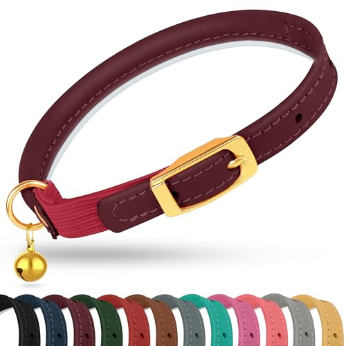 OOPSDOGGY Rolled Leather Cat Collar with Bell - Reflective Kitten Collar with Safety Elastic Strap - Adjustable Small Pet Collars for Boy Girl Cats (Burgundy)