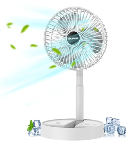 ANIROY Portable Standing Fan, 2000mAH Silent Pedestal Cooling Rechargeable Desk Fan, Telescopic Foldable Fans for Camping Travel, Outdoor, Home (White)