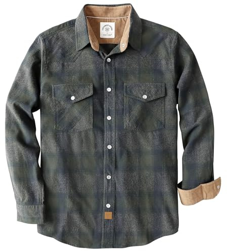 Dubinik® 6 oz Camicia Uomo Flanella Camicia Pile Cotone Western Cowboy Bottone di Perla Manica Lunga Pesante Quadri Vintage Marrone Chiaro, Grigio E Verde 3XL