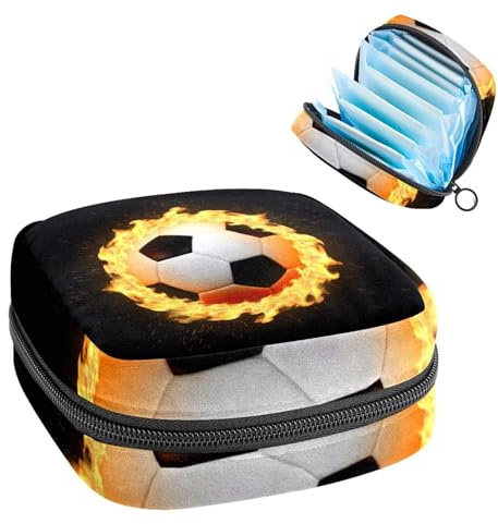 Aufbewahrungstasche für Damenbinden, Menstruationstasse, Tamponbeutel, Periodeneinlagen-Halter, Organizer für Frauen und Mädchen, Fußball, Feuer, Schwarz