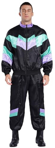Jugaoge Män 80-tals outfit retro träningsoverall färgblock ränder sportdräkt joggingdräkt av jacka och långa byxor fitness gym kläder, svart, M