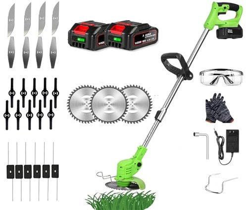 Lewpudy Akku-Rasentrimmer 24V-Gartentrimmer mit Klingen, elektrischer Rasenkantenschneider mit Metallklinge, zum Entfernen von Unkraut und Bäumen, mit 2Ah-Akku, höhenverstellbar (Green)