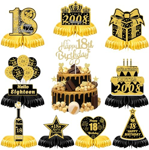 18th Birthday Table Decorations Boys - 10 Pcs Gold Birthday Decoration Happy 18th Cake Topper Black and Gold Honeycomb Table Decorations Centrepiece Vintage 2008 for Mens