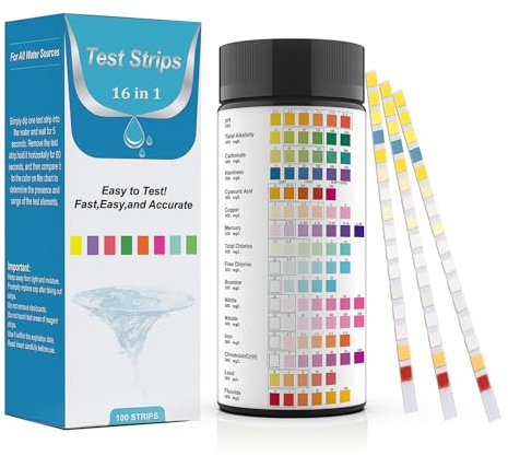 Fontee 16-in-1 Water Test Strips (100 pcs.) – Tests pH, Nitrite, Chlorine, Hardness, Mercury & Lead in Drinking Water, Swimming Pools and Aquariums
