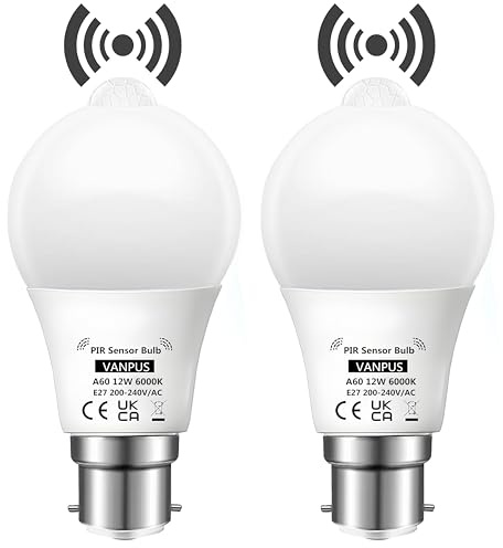 Vanpus Dusk to Dawn Light Bulbs,Motion Sensor Light Bulb, Auto On/Off PRI Sensing Bulb, B22 LED Light Bulb, 12W (6000k),Night Lamp for Stairs, Garages, Corridors, Courtyards, etc (2 Pack)