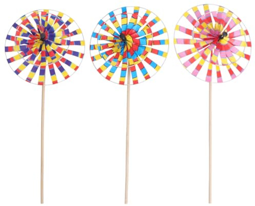 KICHOUSE Children S Round Windmill Toys Outdoor Garden Ornaments 3Pcs Colorful Wind for Lawns Parties with Sturdy Rods