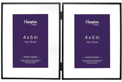 Hampton Frames MADRID M13864HD - Marco de fotos doble 4x6 (10x15 cm), bisagras, negro mate, perfil estrecho, soporte biselado blanco, cristal, para retratos