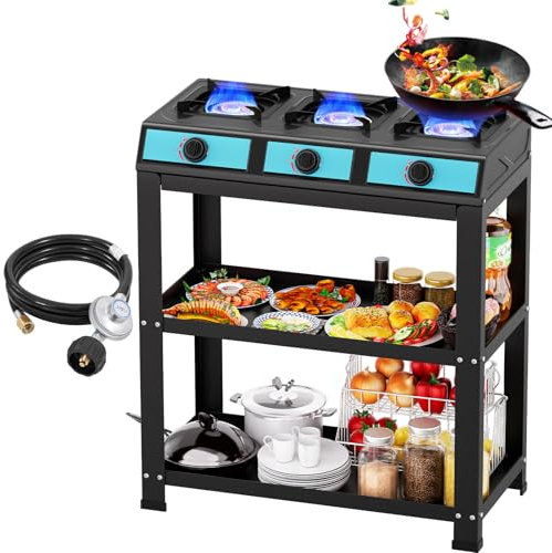 Hornillo de gas de propano de 3 quemadores, color negro, cocina de gas independiente, 3 fuegos, encendido manual, portátil, para exteriores, camping, autocaravana