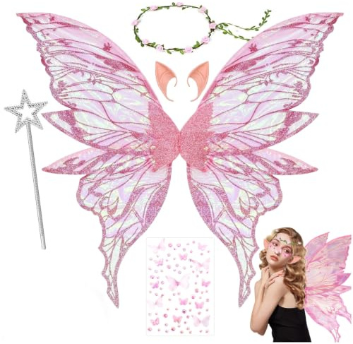 Feenflügel Erwachsene,Feen Flügel Damen Mädchen mit Elfenöhren Blumenkranz Haarsträhnen Feenstab ,Elfenflügel für Karneval Halloween Kostüm Geburtstag Cosplay Comic Con Themed Party,Kostümzubehör