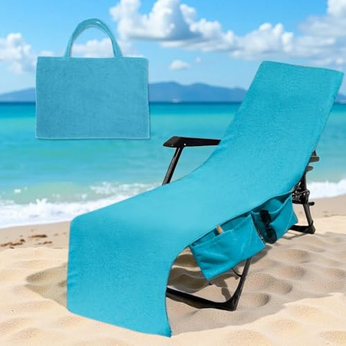 Hiseng Solid Color Sun Lounger Towels with Handle Bag Large Beach Towels Soft Absorbent Microfiber Outdoor Sunbed Lounge Chair Cover for Garden, Hotel, Swimming Pool, Holiday (Blue,75x210cm)