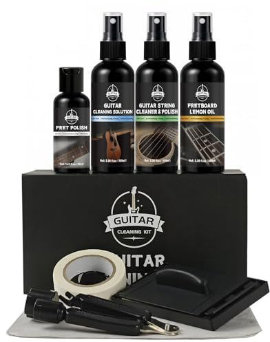 DINGSEN Kit di pulizia per chitarra, set professionale di 8 pezzi con detergente per chitarra, olio per tastiera, cera lucidante, detergente per corde, taglierina 3 in 1 e panno in microfibra