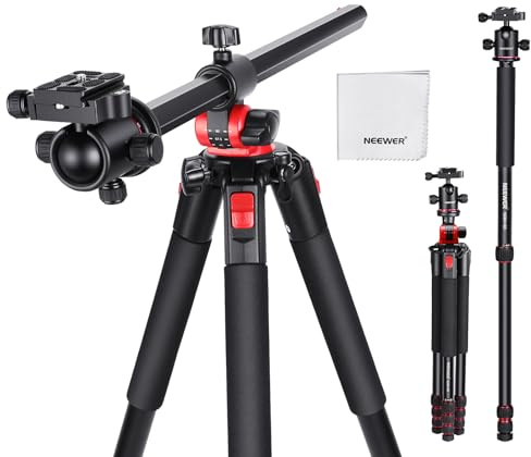 NEEWER Monopiede Treppiede Fotocamera, Tripod Overhead in Alluminio Robusto da 184cm per DSLR Cam Videocamera, Colonna Centrale Orizzontale, Testa Sfera 360° e Piastra QR Arca, Max 15kg,Panno Pulizia