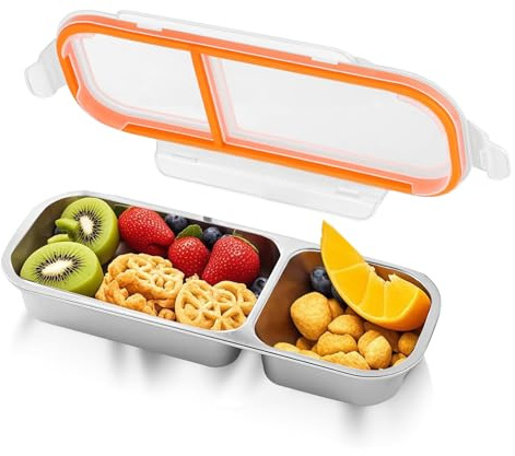 Srvillg Snack Containers with Compartments, Stainless Steel Lunch Box with Airtight Lids, 2 Compartment Bento Snack Containers, Reusable Leakproof Food Storage Snack Box for School Work Travel, Orange