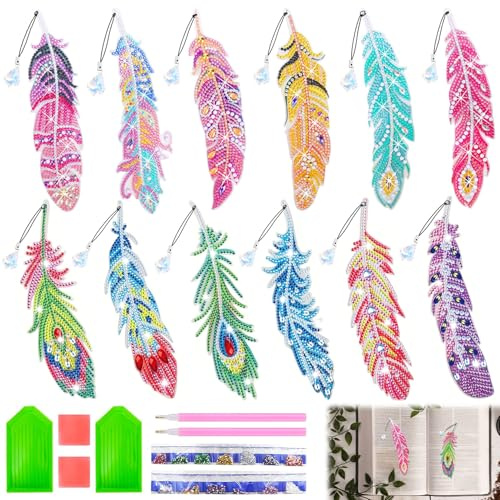 Spetsbst 12Stück Diamond Painting Bastelset Geschenke für Kinder Erwachsene | DIY Diamant Malerei Lesezeichen Set Feder Bookmark Bastelkoffer Geburtstagsgeschenk Spielzeug