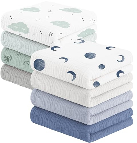 Susurration Mulltücher Baby Spucktücher,8er-Pack 100% Baumwolle Spucktücher Baby für Jungen und Mädchen, Weich, Atmungsaktiv und Extrem Saugfähig Musselin 60x60cm(Blau-Grün)