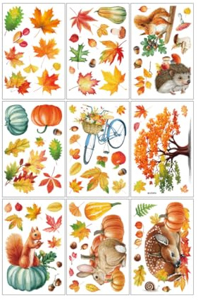 ZORVYN 9 Fogli Ringraziamento Adesivi Finestre, Vetrofanie Autunno, Adesivi Sticker Decorativi, Vetrofanie Decals, Foglie Autunnali Vetrofanie, Ringraziamento Addobbi Adesivi per Decori Casa Festa