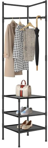 ZOLTA Eckschrank Kleiderständer Metall schwarz 180x44x44 cm mit Kleiderstange und 3 Ablagen faltbar Garderobenständer platzsparend für Flur Schlafzimmer Büro einfacher Aufbau modern stabil
