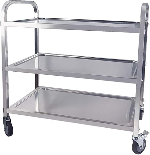 TAIMIKO Chariot de Service Desserte Cuisine à roulettes en Acier Inoxydable à 3 étages avec 4 roulettes pivotantes 2 Freins Capacité de Charge jusqu'à 150 kg Convient pour la Cuisine et l'hôtel