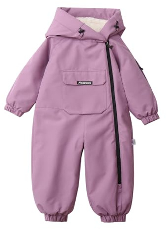 Boys Girls One Piece Snowsuits Front Pockets Fleece-Lined Puffer Ski Suits Jumpsuits Kids Winter Hiking Insulated Warm Side Zipper Onesie Snowsuits (Purple, 12-18 Months)
