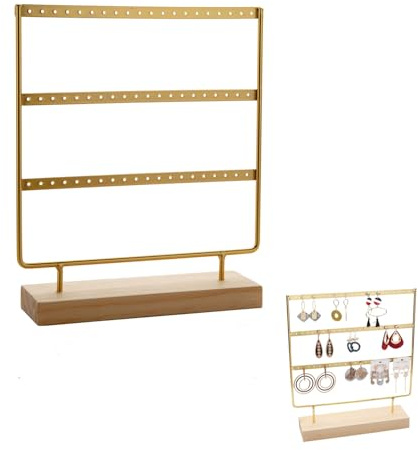 JOYOLA 60 Löcher Ohrring-Organizer, Schmuckhalter, Metallrahmen, 3 Tier Ohrringständer mit Holzsockel, Schmuckständer Ohrringhalter, Ohrring Display Ständer für Hängende Ohrringe