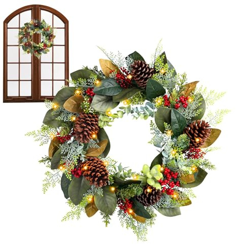 Couronne De Noël Lumineuse pour Extérieur | Décor Saisonnier Réaliste - Couronnes en Pin Artificielles,pour L'Intérieur Et L'Extérieur Le Porche La Fenêtre La Maison De Campagne Les Fêtes De