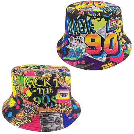 2 Stück 90er Fischerhüte Retro Hip Hop Bucket Hat, 90er Jahre Outfit Damen Herren ReversibelFischerhüte Rock Scrawl Fischerhut Faltbar Lustige Disco-Eimerhüte, 90er Jahre Accessoires Damen Sonnenhut