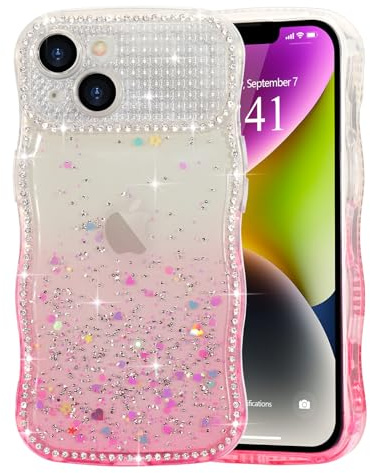 LCHULLE Glitter Case for iPhone 14 iPhone 13,Cute Curly Wave Frame Sparkle Love Heart Stars Clear Bling Phone Case for Women Girls,Crystal Shiny Diamonds Sequins Full Camera Protection Cover,Pink | Cute Clear for Women Girls with Full Camera Protection | Curly Wavy Edge Shockproof Sparkly Bling Diamond Phone Case Cover