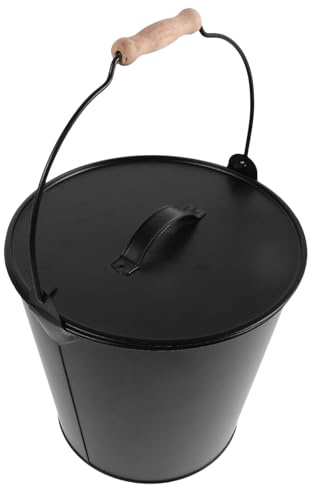 LIFKICH Cubo de Cenizas de Metal Negro con Asa de Madera Resistente al Calor para Estufas de Leña y Parrillas, Adecuado para Uso en Interiores y Práctico