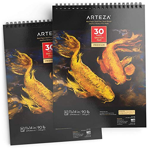 ARTEZA Spiral Sketch Book 11x14 Black Art Paper Drawing Pad 2 Pack 30 Sheets Sketch Pads for Drawing