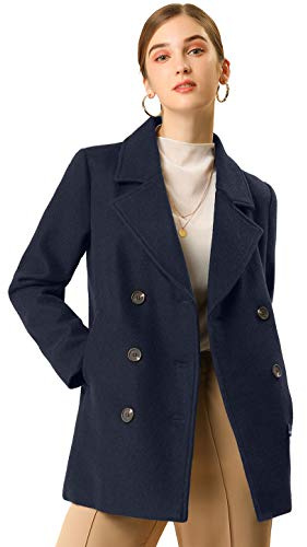 Allegra K Damen Lange Ärmel Zweireiher Knopf Winter Oberbekleidung Erbsenmantel - Blau - Medium