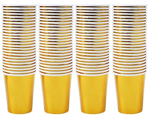 Riverhighfur Lot 100 Gobelets Carton écologique 9 oz gobelets en Papier Tasses de Papier à Feuille dorées pour Mariages, Anniversaires