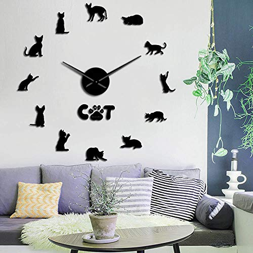BST Amo i Miei Numeri di sagoma di Gatto Orologi da Parete con Superficie a Specchio Senza Cornice Decor Devon Rex Cat Orologio da Parete con Orologio Grande DIY (Nero, 47)