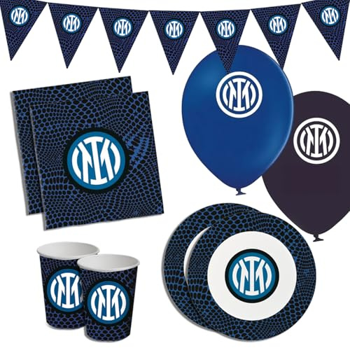 Lage Set Decorazioni Kit per Festa di Compleanno Inter Calcio addobbi da tavola per 8 Persone (8 Piatti - 8 Bicchieri - 20 tovaglioli - 12 Palloncini - 1 Set da 12 bandierine)