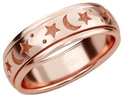 SHOP LC 925 Silber Spinner Ring für Damen und Herren, Anti-Stress Fidget Ring mit Mond & Stern Design, Meditationsschmuck, Drehband gegen Angst & Nägelkauen