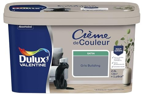 Dulux Valentine Crème de Couleur - Peinture multi-supports intérieure - Satin Gris Building 2,5 L