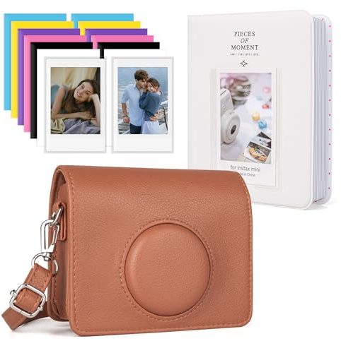 HIYQIN Housse de Protection avec Accessoires Compatible avec Fujifilm Instax Mini Evo, Étui en Cuir pour Instax Mini Evo et Album Photo 64 Pochettes - Marron + Blanc