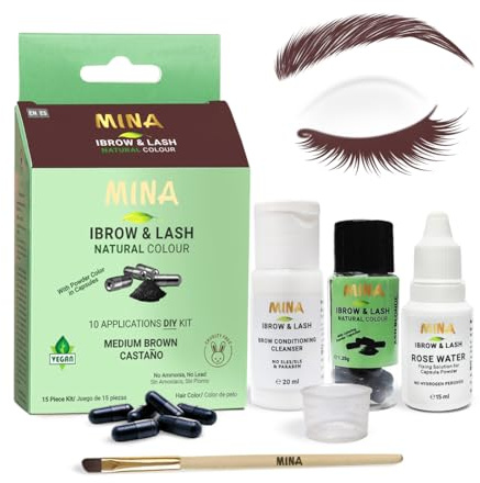 Mina iBrow Eyebrow & Lash Tint Kit – Natural Brow Tinting Powder, Long-Lasting Spot Color, Smudge & Water Proof, No Ammonia or Lead, 10 Applications | Medium Brown